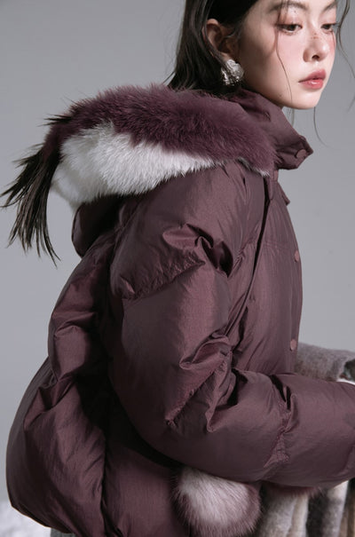 Burgundy Red Fur Ball Short Down Jacket COT0190