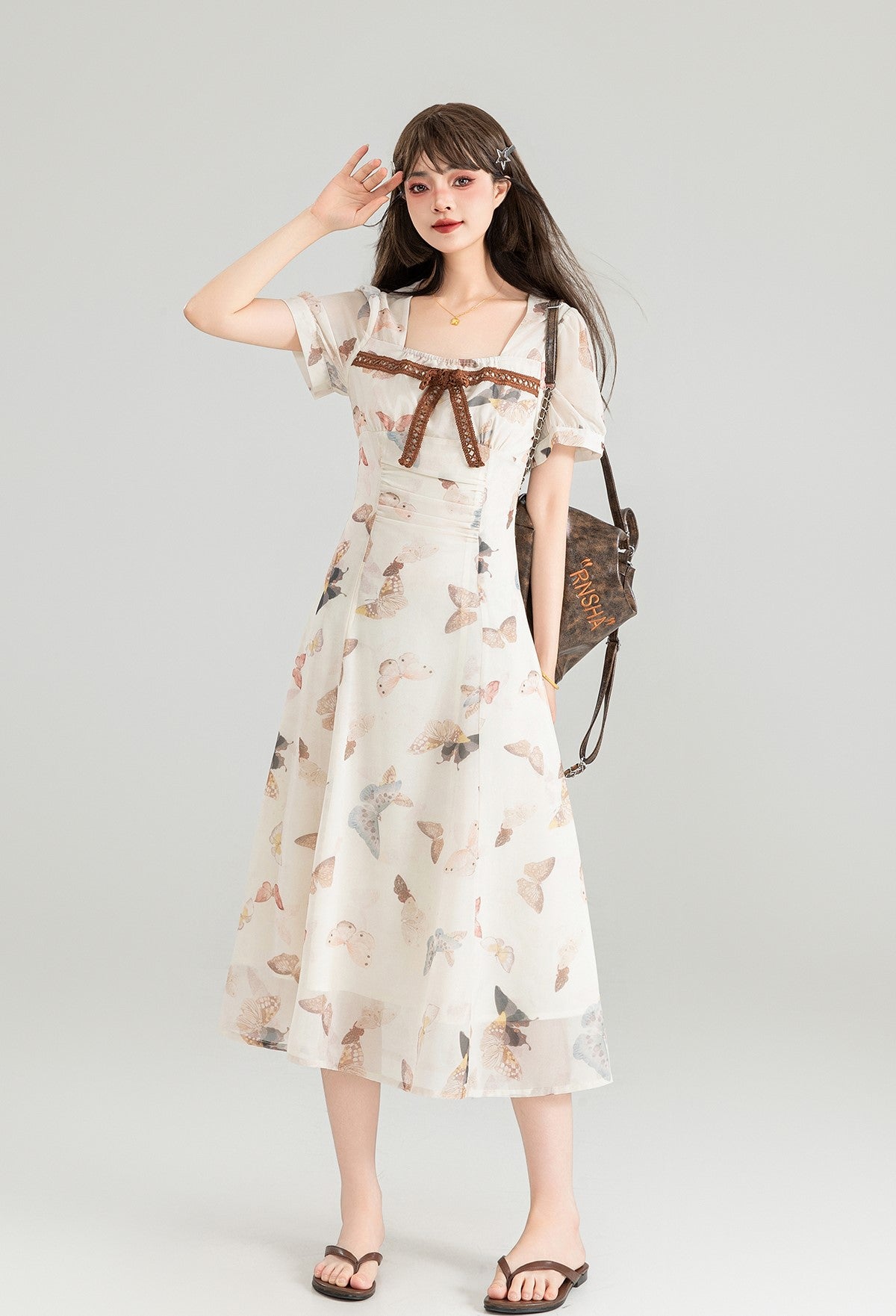 Butterfly Floral Neck Pleated Waist Slimming Long Dress KEI0111