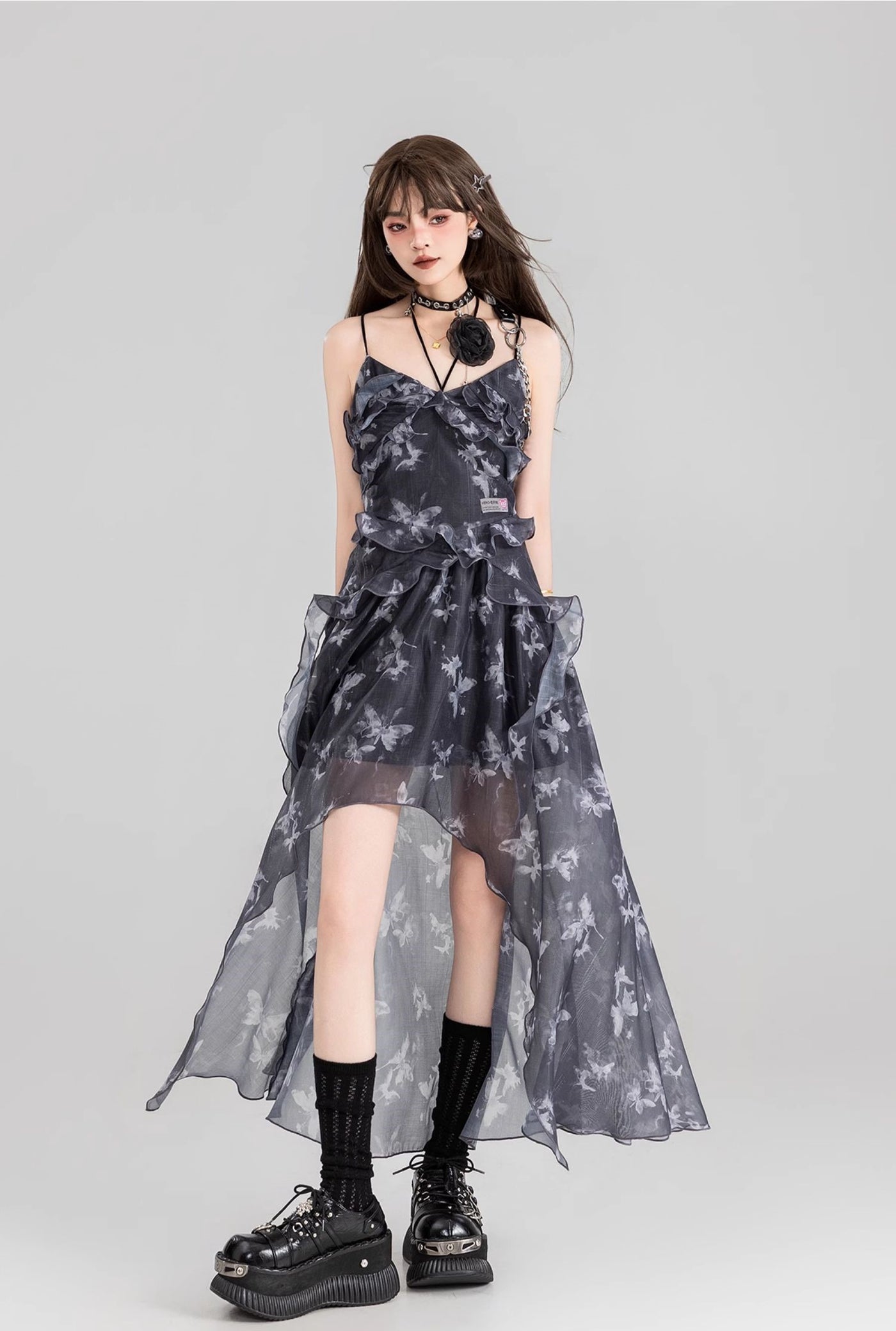 Butterfly Floral Sling Strap Backless Tulle Long Dress/Cardigan KEI0118