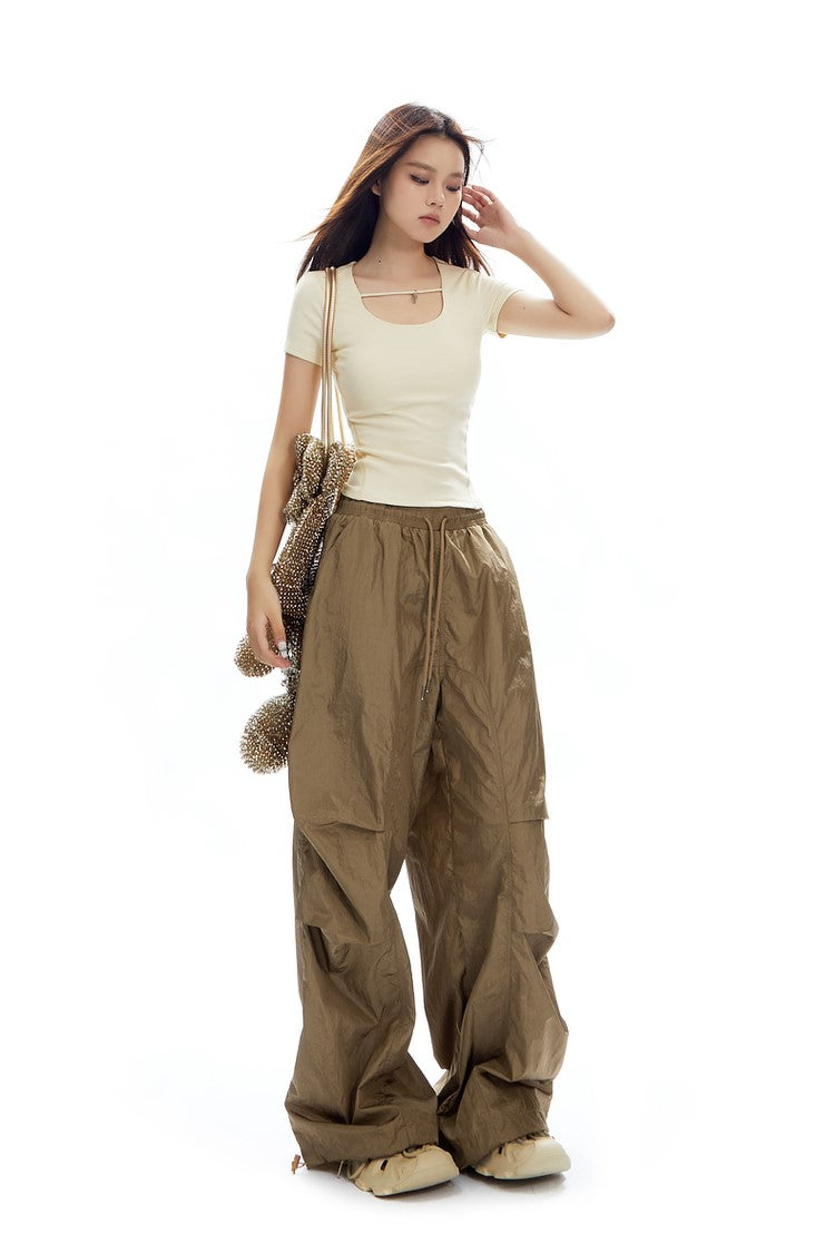 Loose Pleated Glossy Workwear Wide-leg Pants APE0316