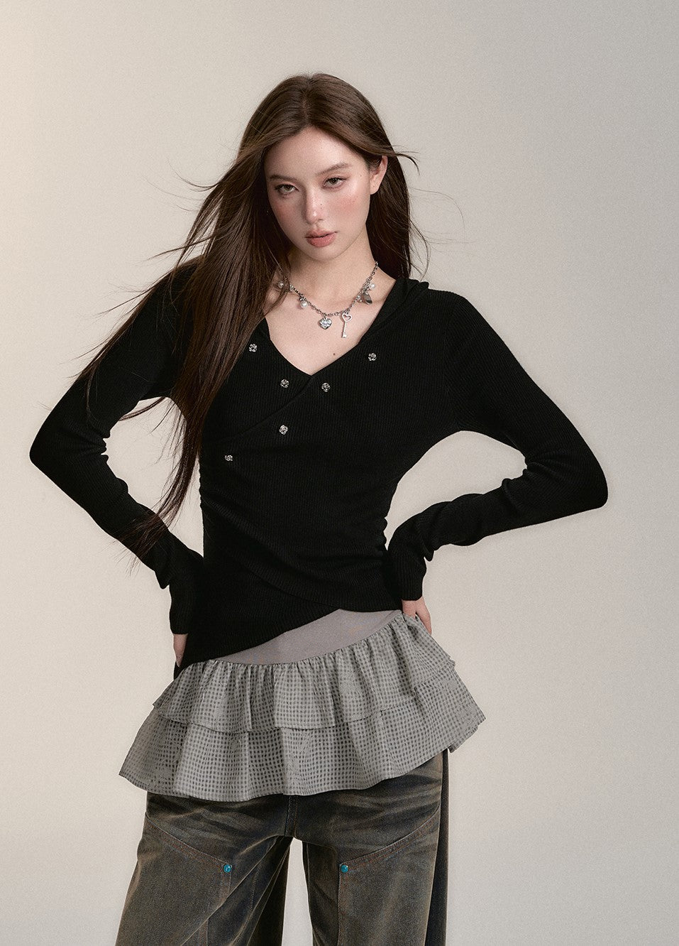 All-match Casual Hooded Irregular Knitted Sweater/Suspender Dress VIA0173