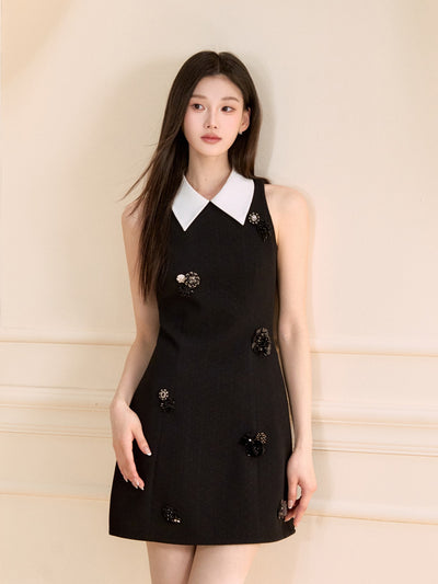 Black Sleeveless Beaded Flower Dress OSH0121