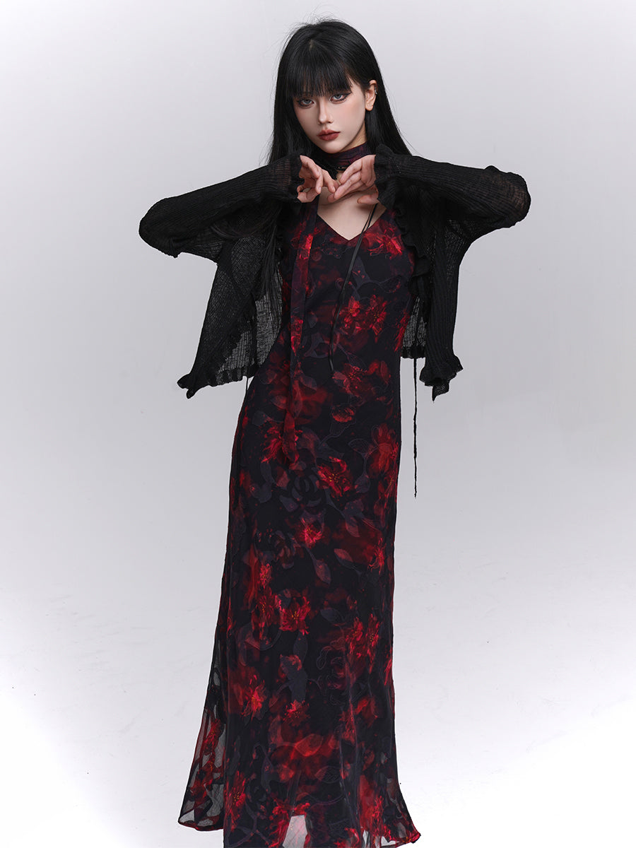 Black and Red Floral Suspender Dress LAD0185