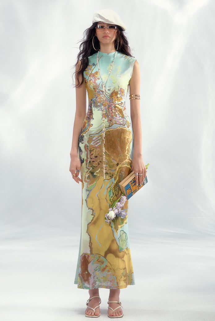 Contrast Color Printed Chinese Dress OFA0245