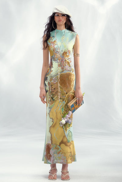 Contrast Color Printed Chinese Dress OFA0245