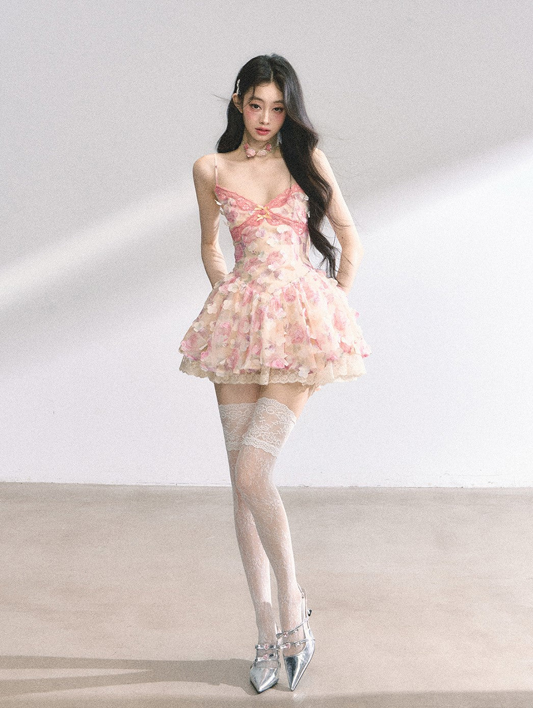 Lace Floral Suspender Puffy Dress DIA0445