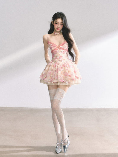 Lace Floral Suspender Puffy Dress DIA0445