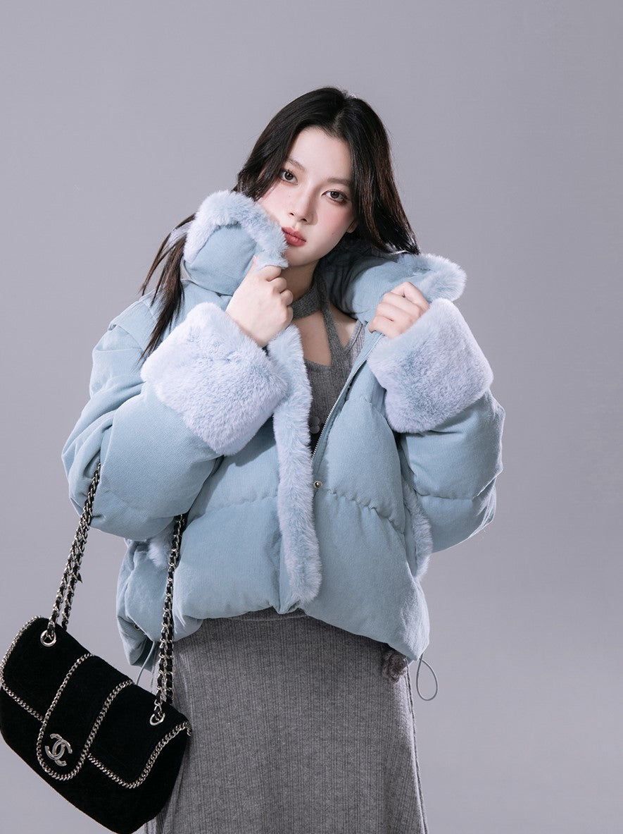 Mist Blue Velvet Detachable Fur Vest Down Jacket COT0180