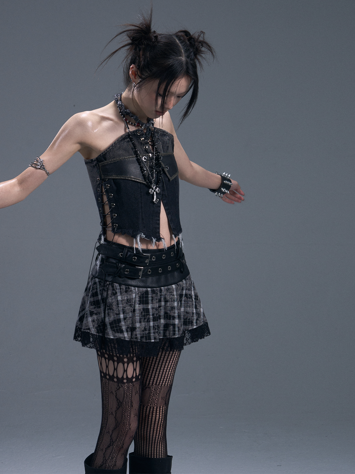 Punk Rock Plaid Double Belt Skirt FRU0091
