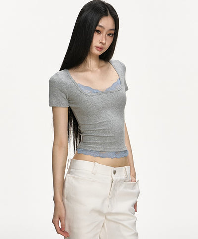 Lace Ribbed Fake Two-piece T-shirt ANA0005