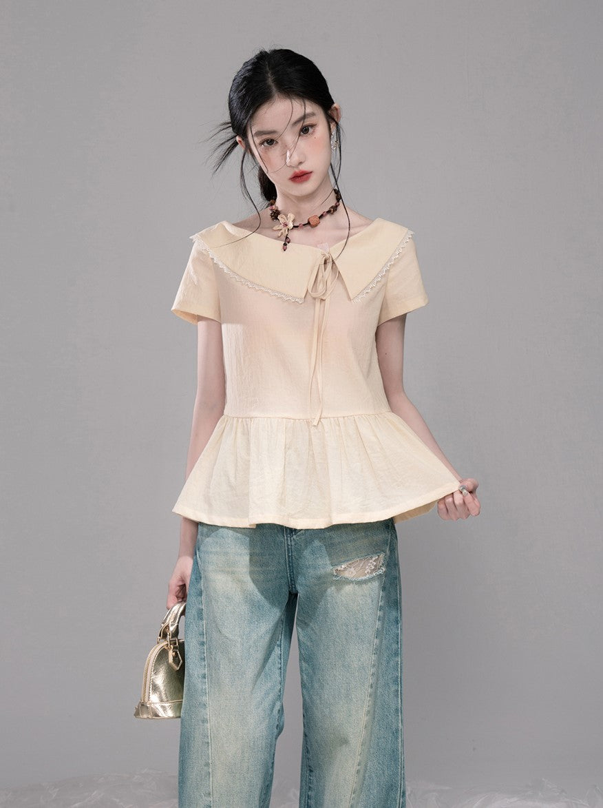 Cream Lapel Short Sleeve Top/Skirt COT0324