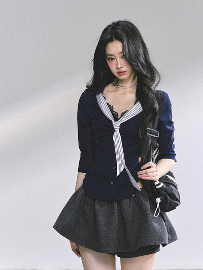 Lace Striped Slim Shirt DIA0572