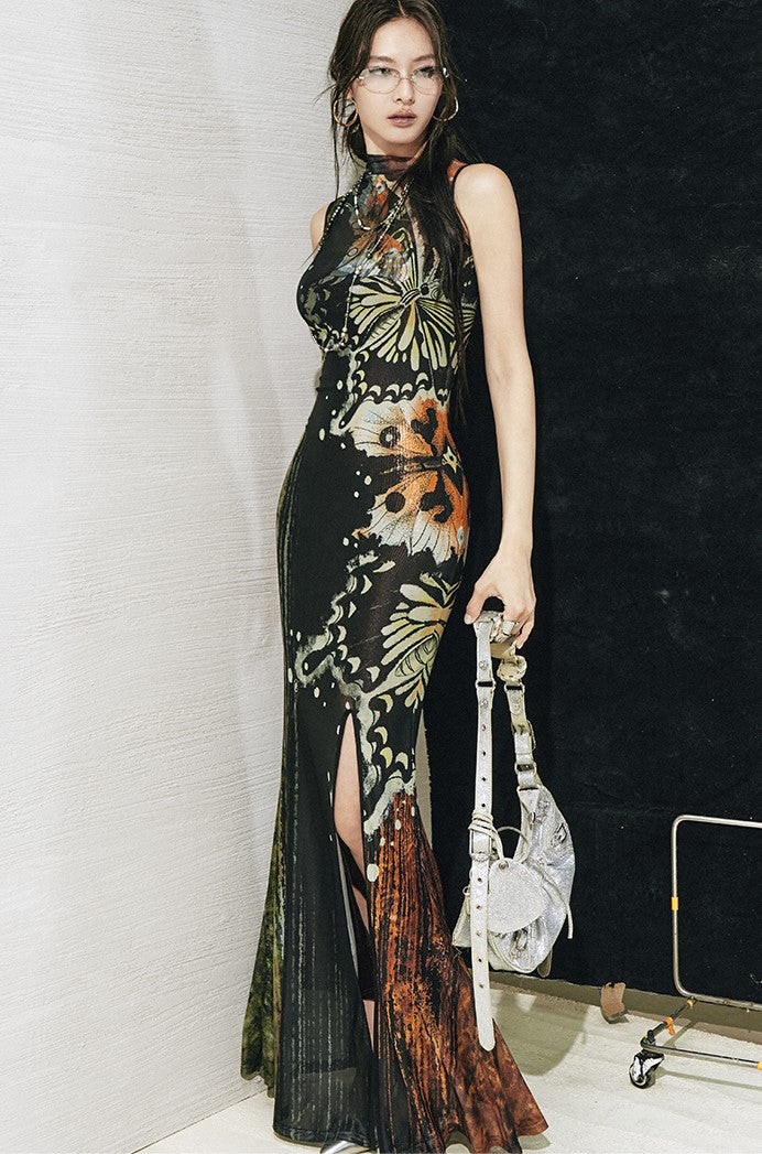 Butterfly Print Slit Dress OFA0273