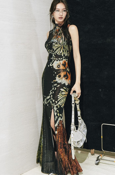 Butterfly Print Slit Dress OFA0273