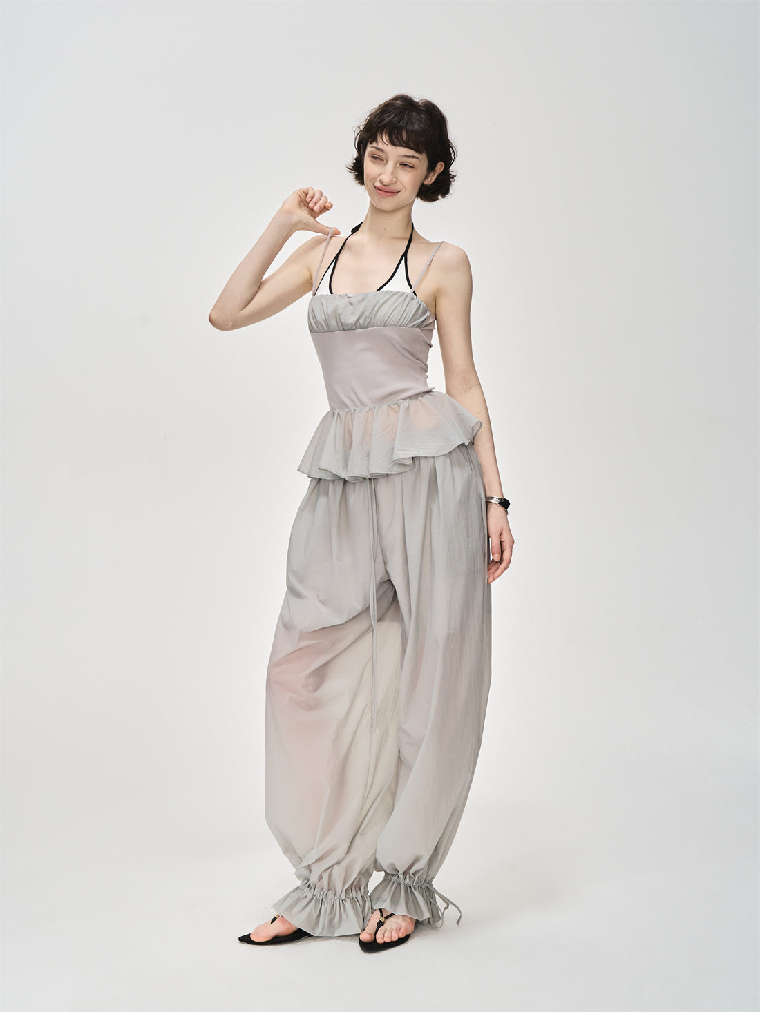 Translucent Pleated Loose Drawstring Pants CUR0231