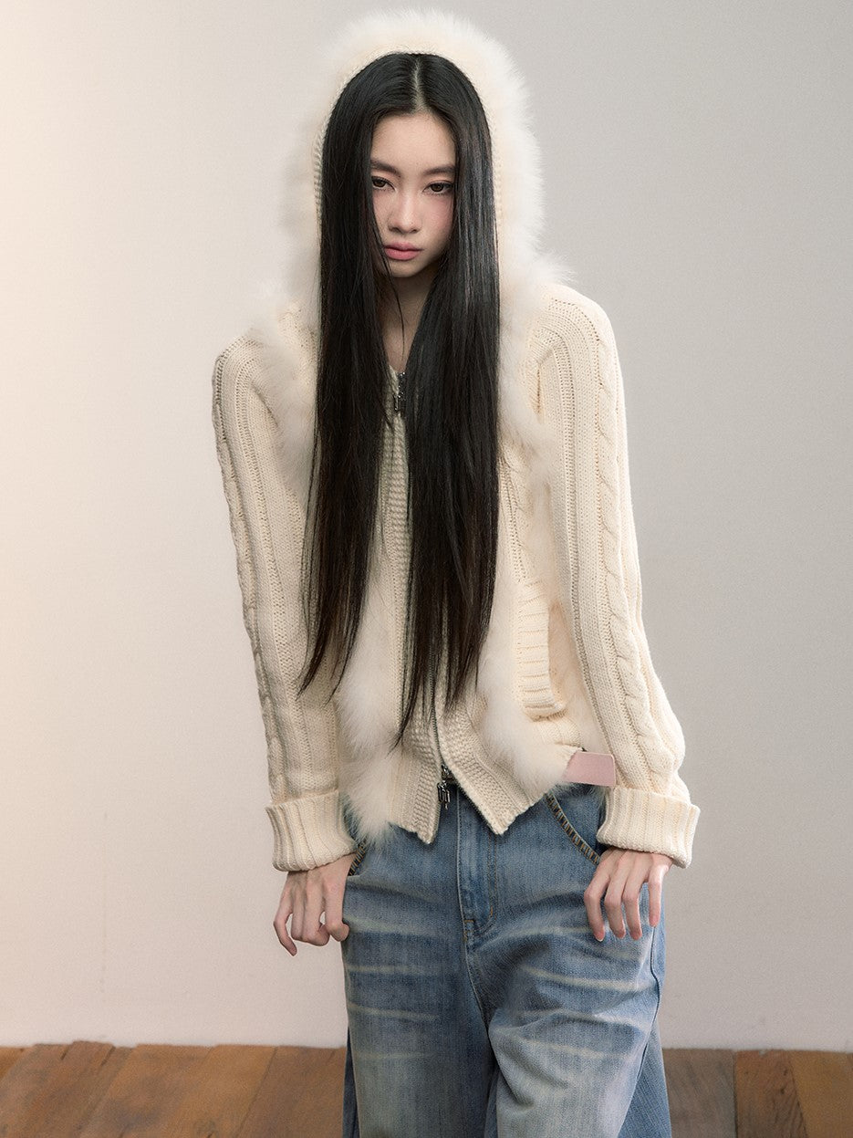 Fur Patchwork Knitted Hooded Cardigan VIA0356