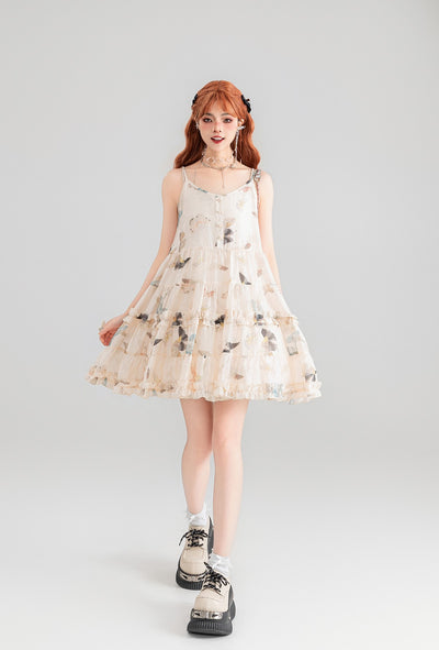 Butterfly Floral Pleated Lace Chiffon Suspender Dress KEI0054