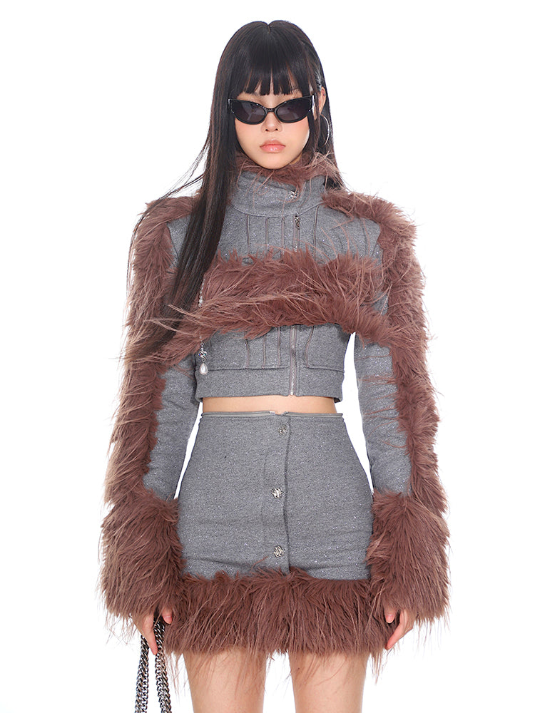 Fur High Collar Deconstruction Detachable Flashing Jacket/Short Skirt UNC0180