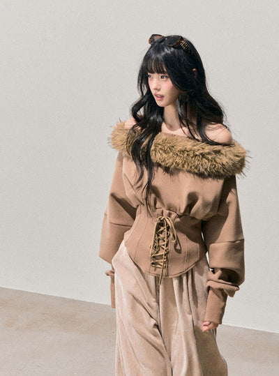 Fur Off-Shoulder Lace-up Waist T-Shirt DIA0744