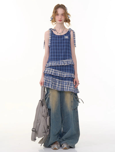 Retro Irregular Hem Blue Plaid Suspender Dress ZIZ0289