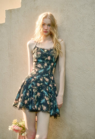 Lace Bowknot Black Printed Dress GRO0157