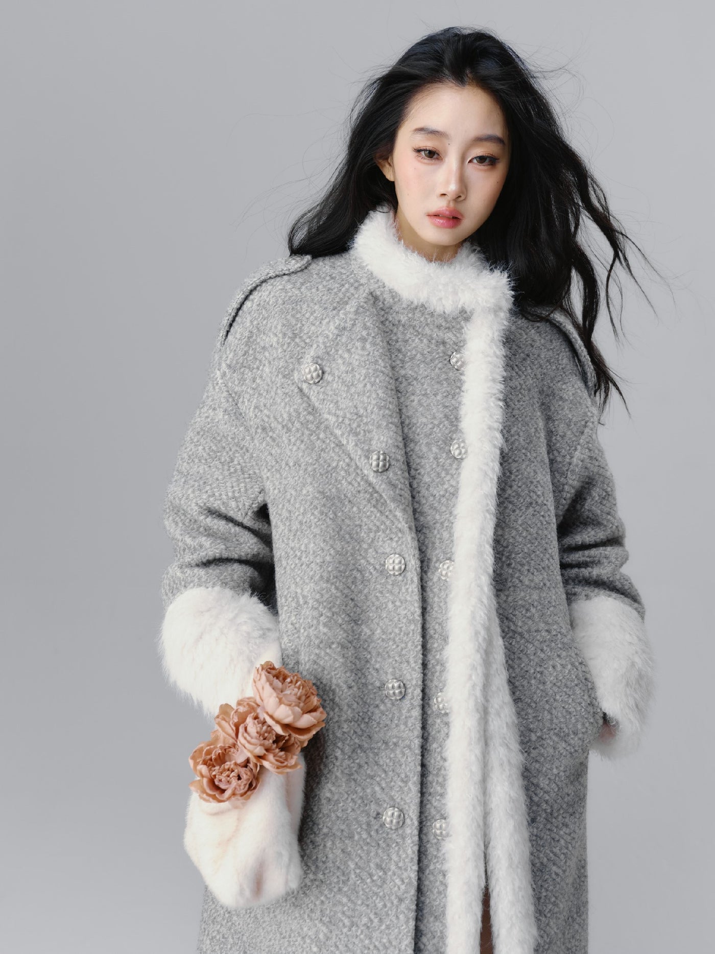 Icelandic Silver Snow Gray Fur Collar Woolen Long Coat SAL0093