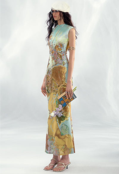 Contrast Color Printed Chinese Dress OFA0245