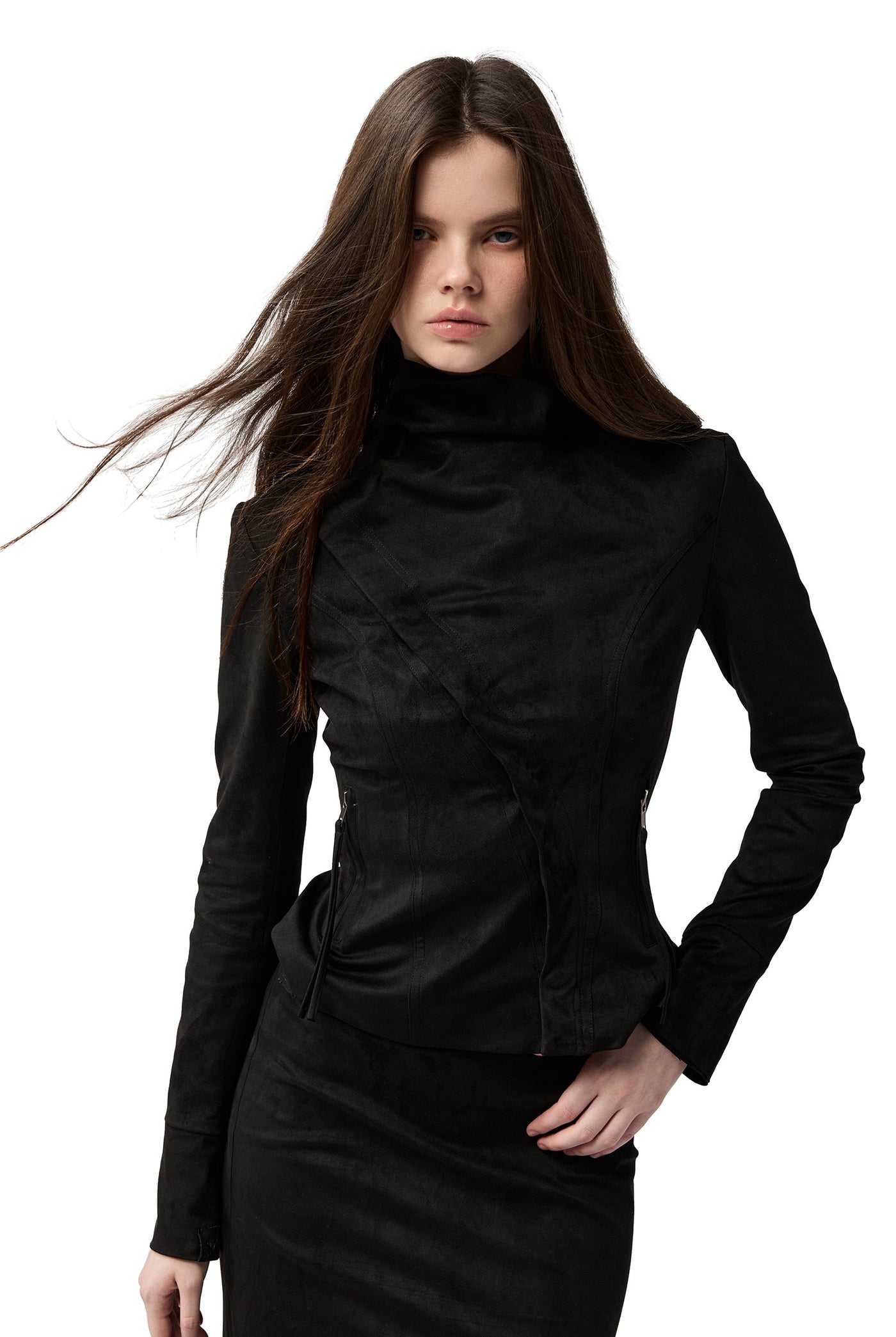 Black Asymmetrical Suede Jacket/Skirt 4MU0156