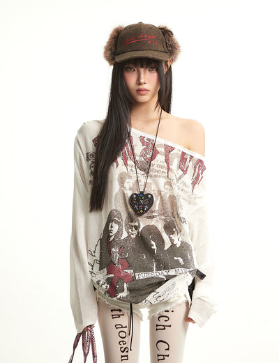 Retro Print Oblique Shoulder T-shirt UNC0289