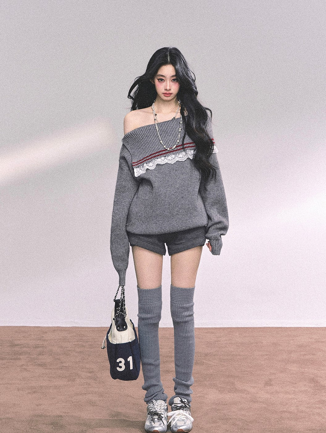 Lace Off-shoulder Loose Sweater DIA0632