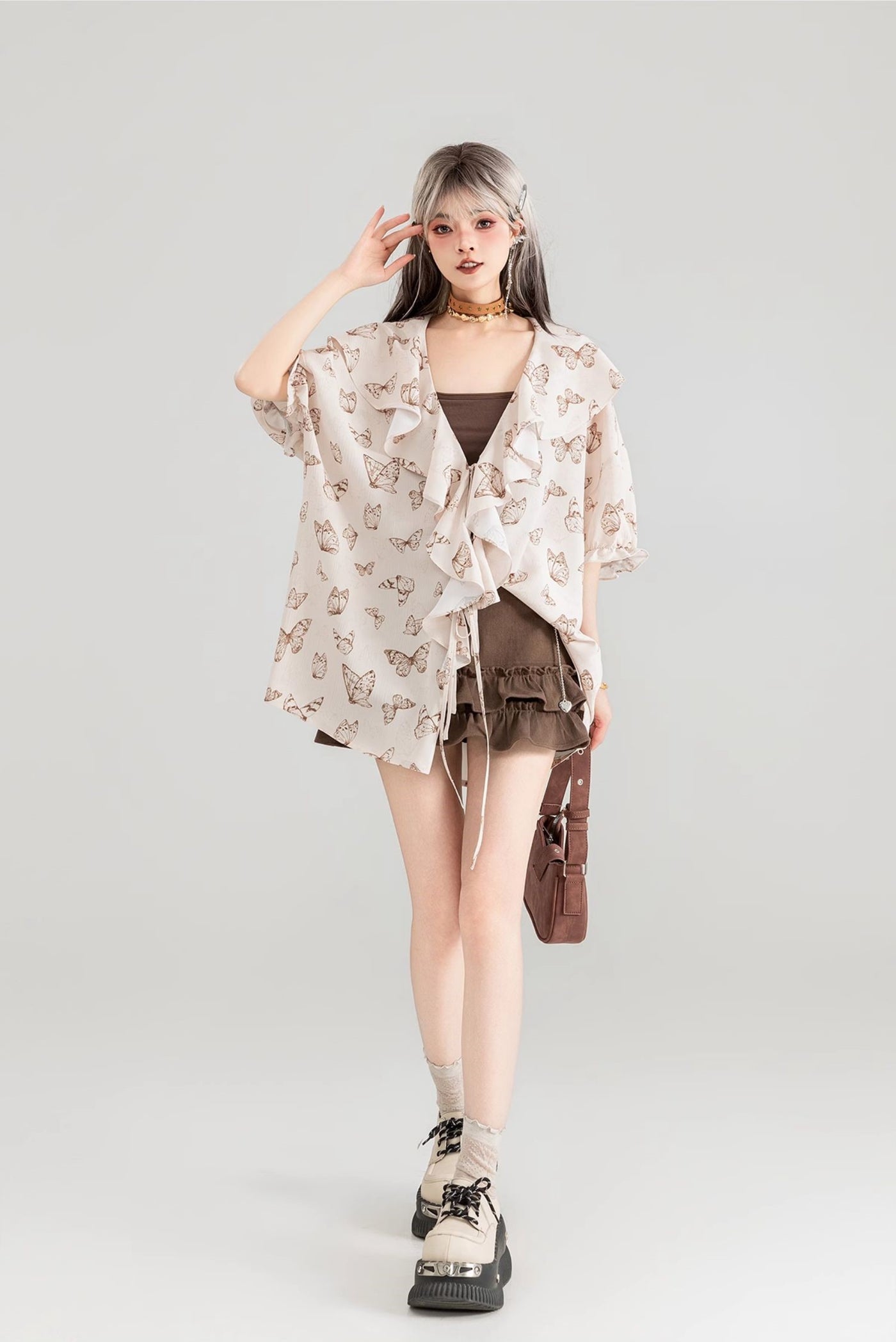 Butterfly Print Loose Lace Large Ruffled Chiffon Shirt/Plaid Skirt KEI0059