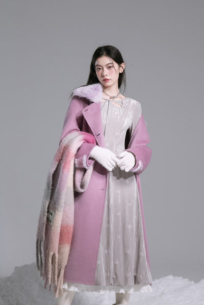 Midnight Plum Purple Furry Stand Collar Silk Double-faced Tweed Coat COT0182