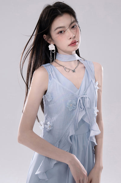 Blue Flower Cardigan+Vest Dress COT0246