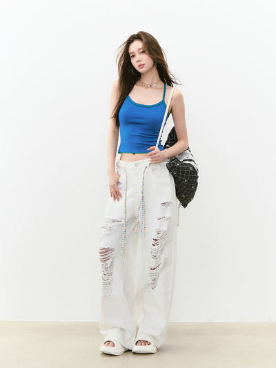 Large Hole Casual Rhinestone Jeans VIA0275