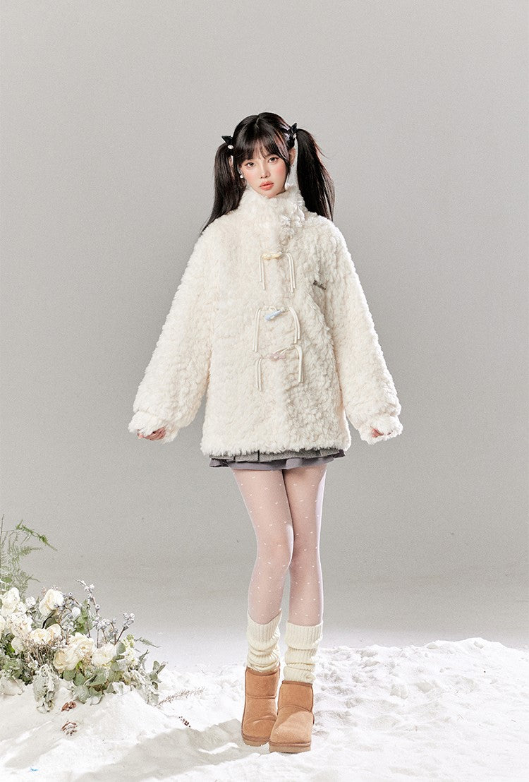 Colorful Horn Button Furry Lambswool Coat/Pleated Skirt TBI0043