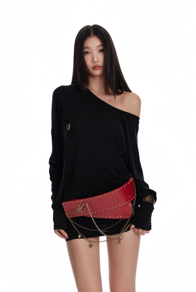 Oblique Shoulder Pleated Stacked Bottoming Long-sleeved T-shirt 4MU0072