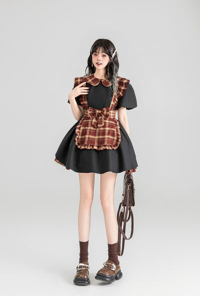 Maid Style Plaid Short Skirt Black Dress KEI0076