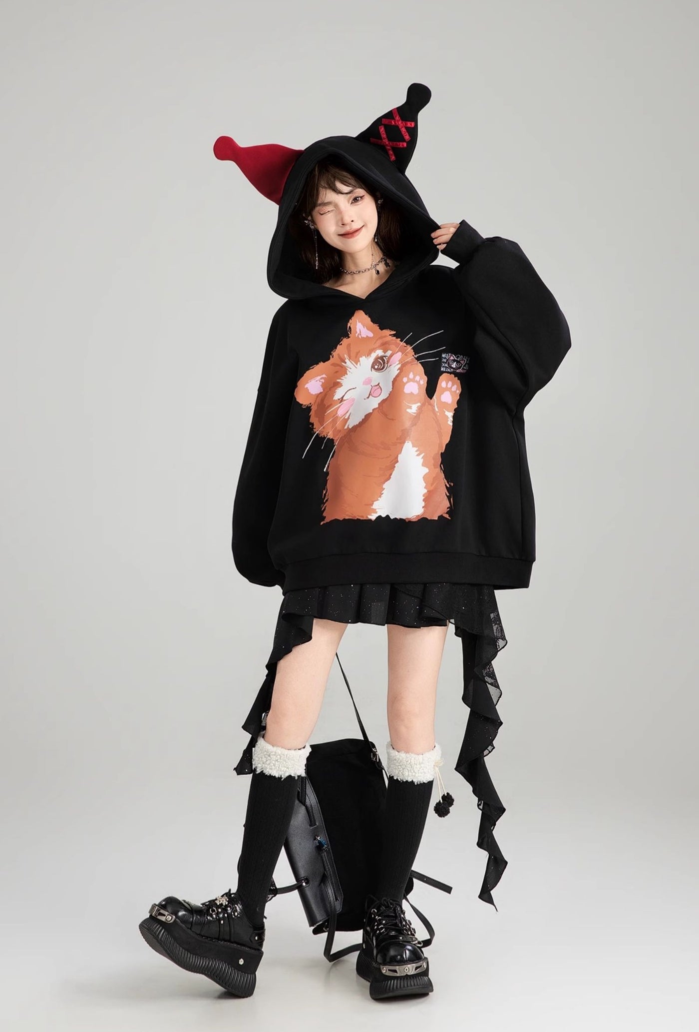 Cat Printed Loose Hooded Black Sweatshirt/Skirt KEI0181