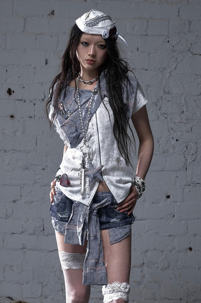 Punk Plaid Scarf Fake Two-piece T-shirt NOR0183