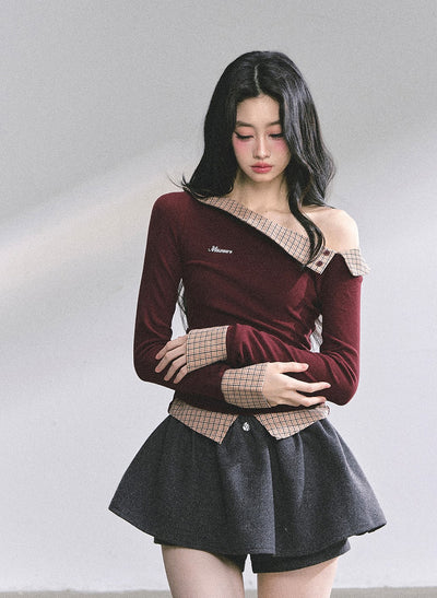 Fake Two-Piece Off-Shoulder Plaid T-Shirt DIA0575