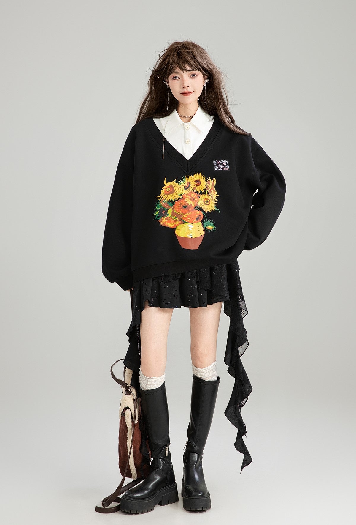 Sunflower Painting Print Fake Two-piece Polo Collar Sweatshirt/Skirt KEI0182