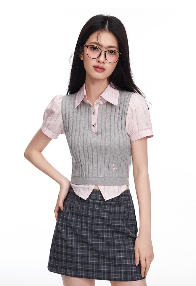 Fake Two-piece Puff Sleeve Striped Short-sleeved Shirt Cable Knit/Skirt Pants NTO0091