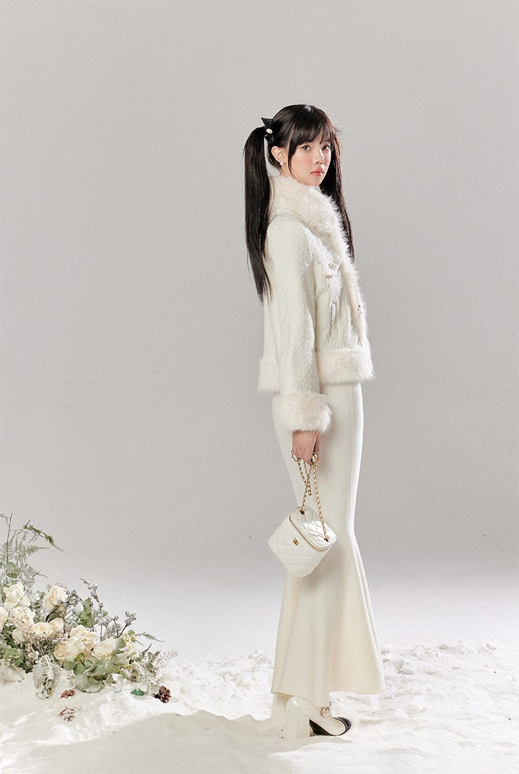 White Luxurious Style Cotton Jacket/Fishtail Skirt TBI0041