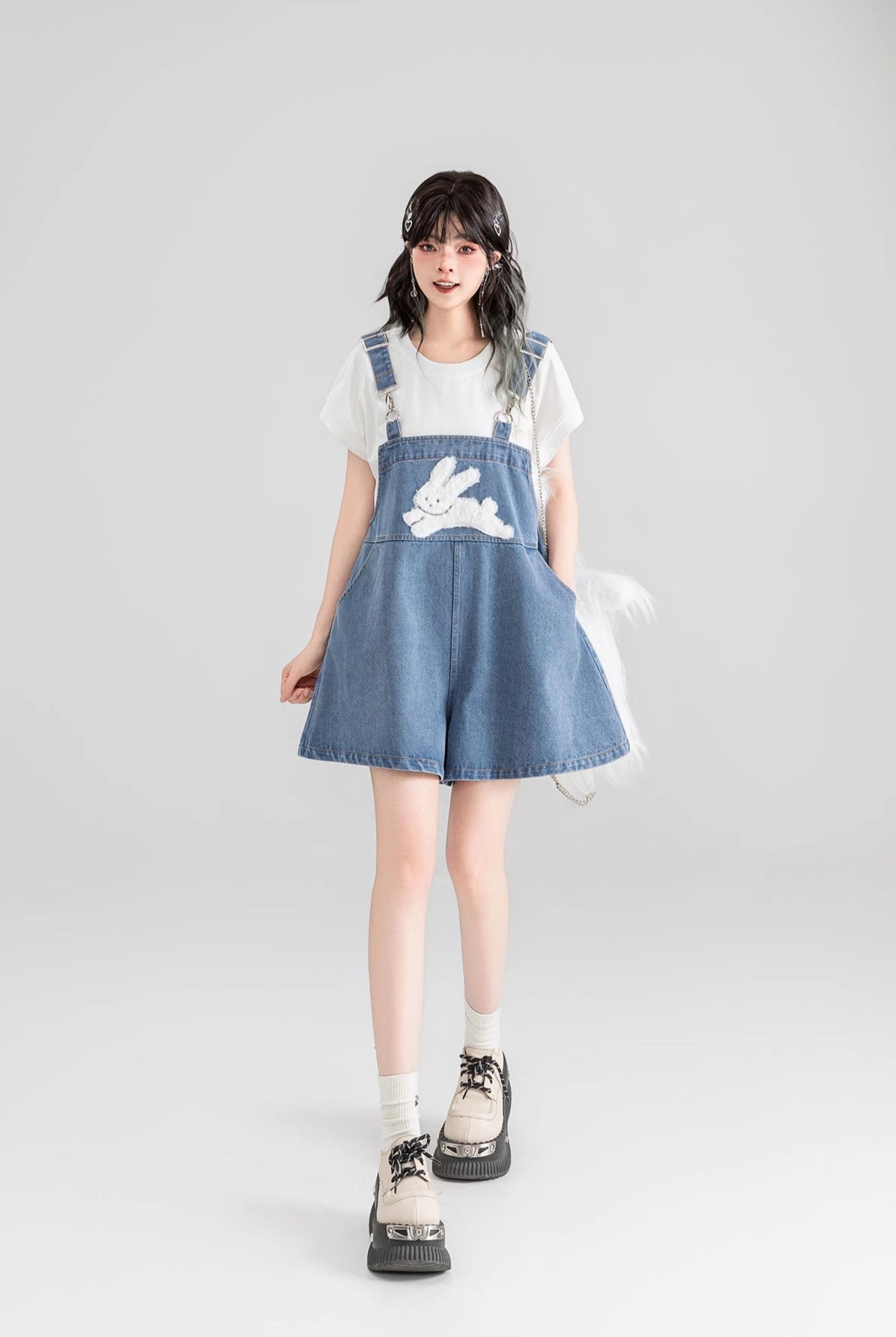 Rabbit Print Denim Overalls/White T-shirt KEI0053