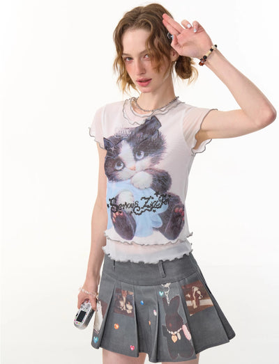 Plaid Fake Two-piece Cat Print T-shirt ZIZ0278