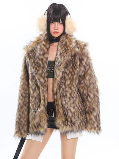 High-end Leopard Thickened Lapel Fur Warm Coat UNC0196