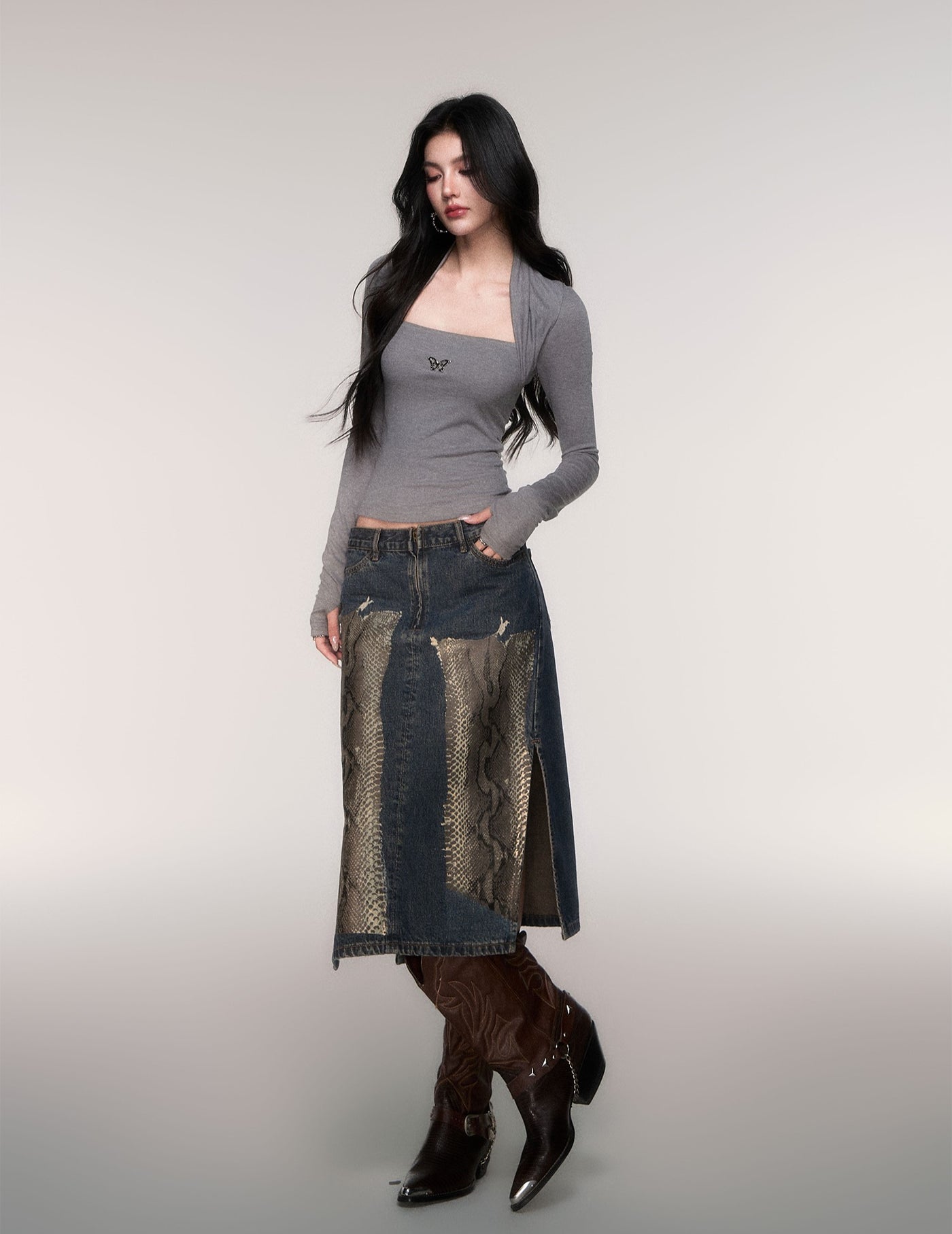 Python Print Straight-Line Denim Skirt LUL0209