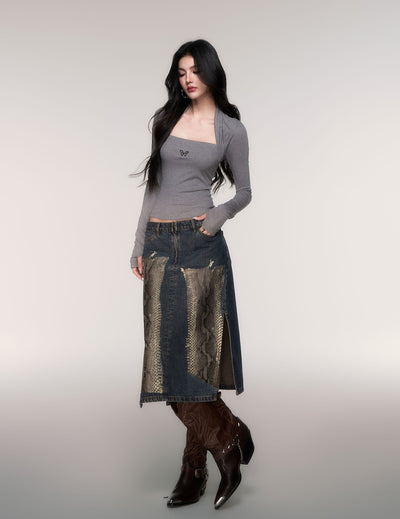 Python Print Straight-Line Denim Skirt LUL0209