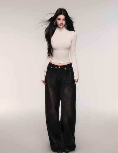 Black High-waisted Wide-leg Casual Jeans LUL0206