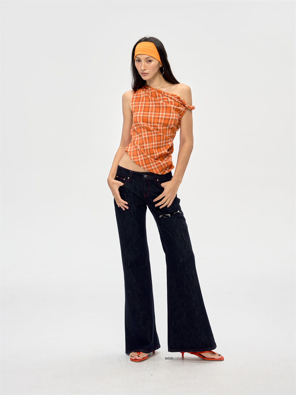 Retro Off-shoulder Plaid Top CUR0208
